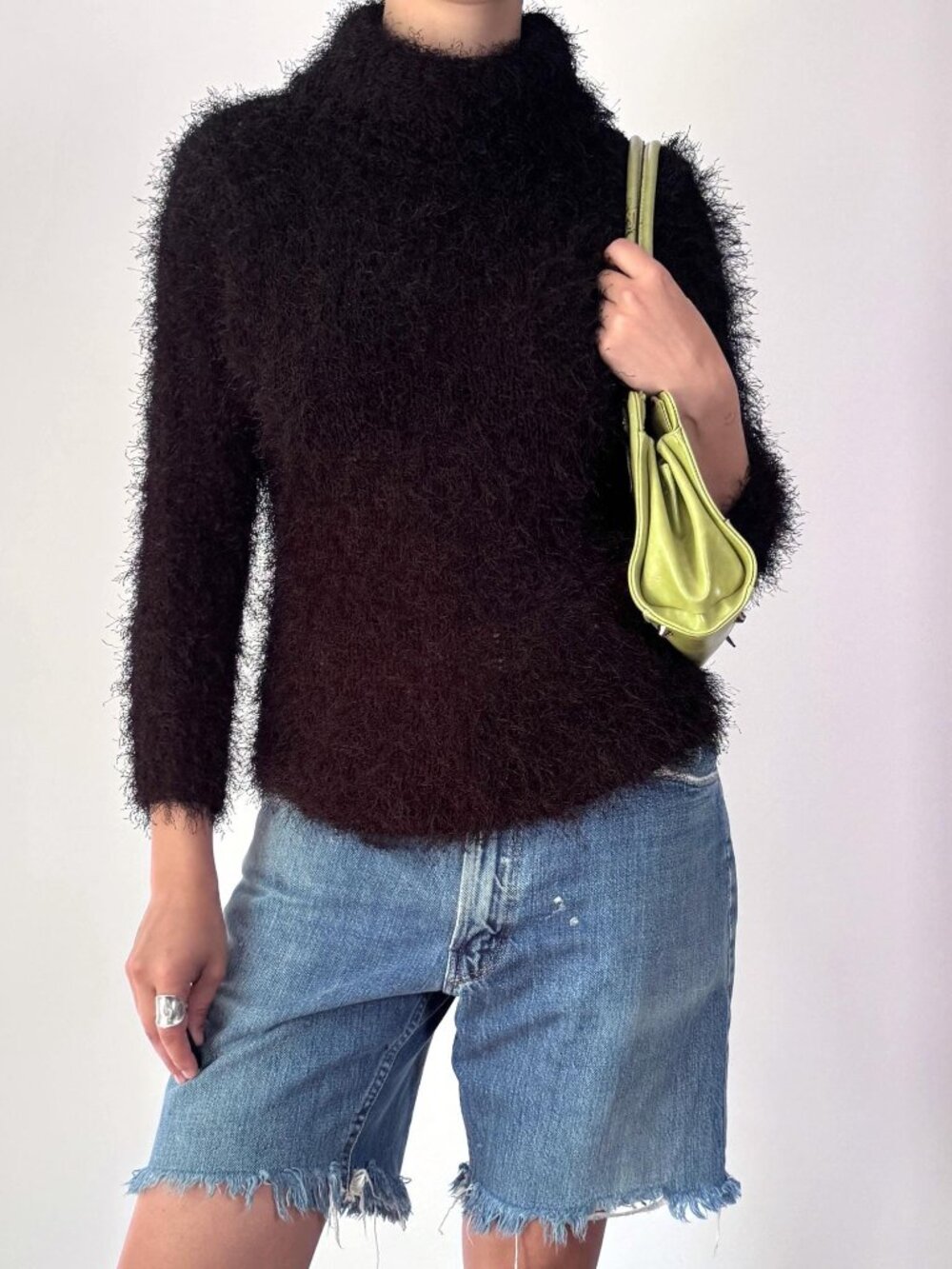 Y2K vintage black fuzzy eyelash knit funky cropped stretchy turtleneck sweater